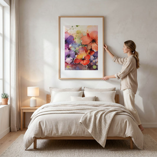 Color Splash Bloom No2 blomsterplakat vist over seng i lyst nordisk soverom