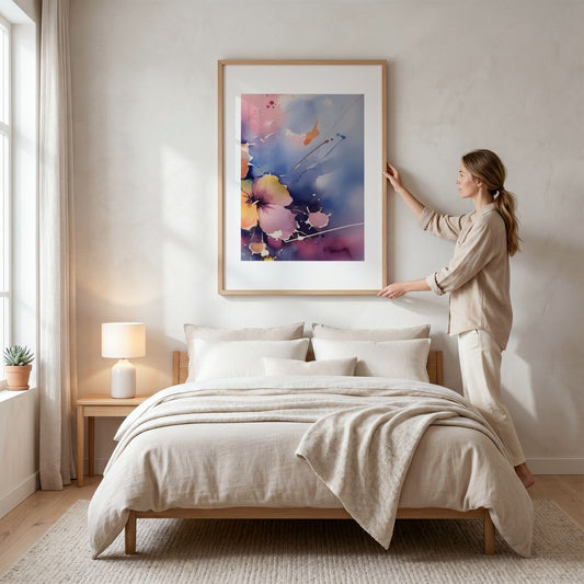 Color Splash Bloom No3 blomsterplakat vist over seng i lyst nordisk soverom