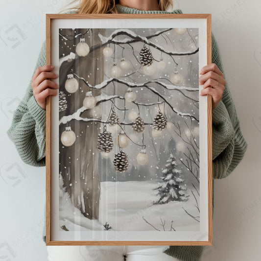 Snødekte tregrener med hengende kongler og små lyspærer over et stille, vinterlig skogslandskap. Illustrasjon viser plakat med hvit kantlinje i eik ramme.
