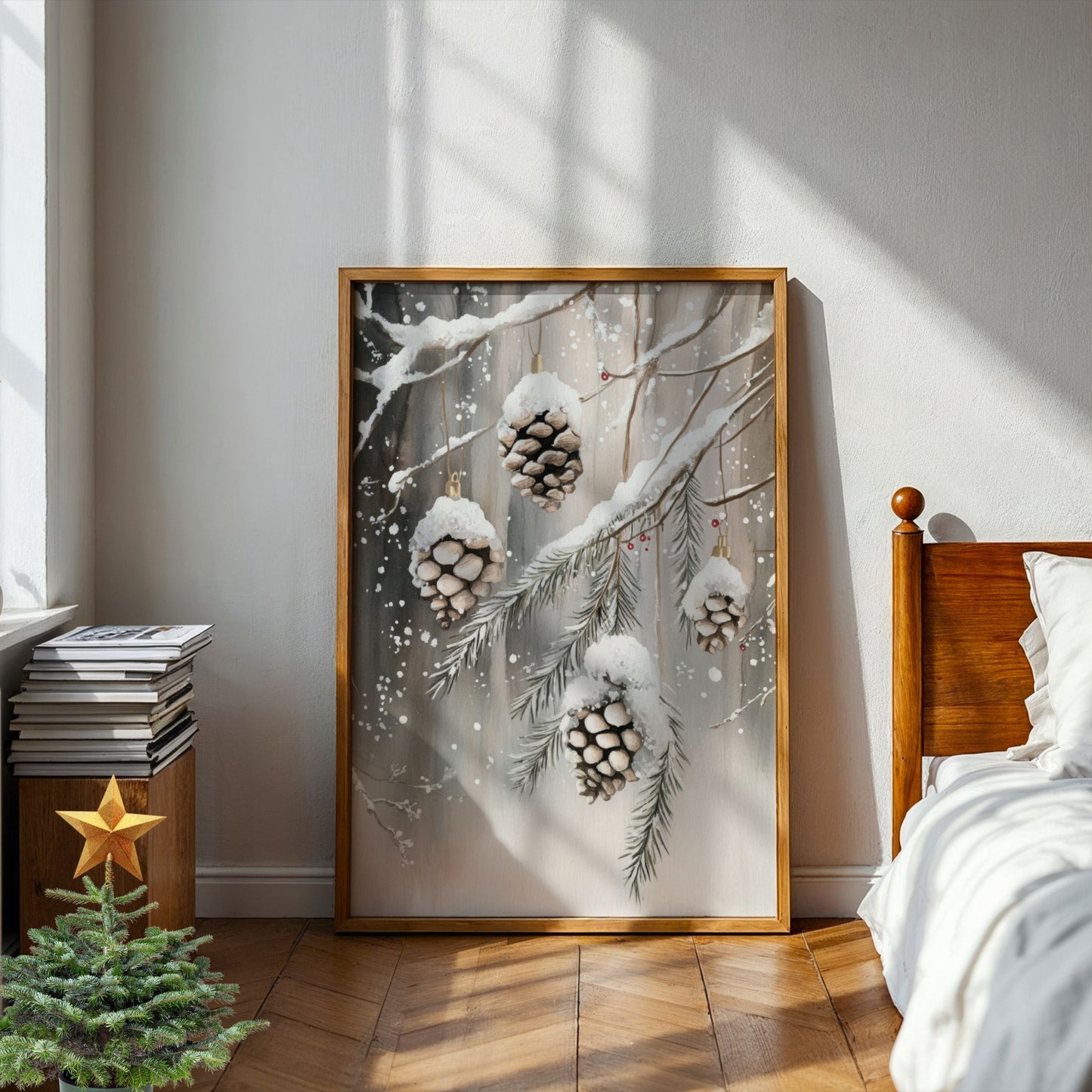 Tre store kongler henger fra granbar med snø mot en lys, vinterlig bakgrunn. Illustrasjon viser plakat uten hvit kantlinje i eik ramme.