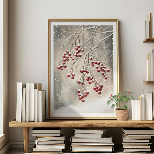 Røde bær på tynne, snødekte grener mot en dempet vinterhimmel. Illustrasjon viser plakat med hvit kantlinje i eik ramme.