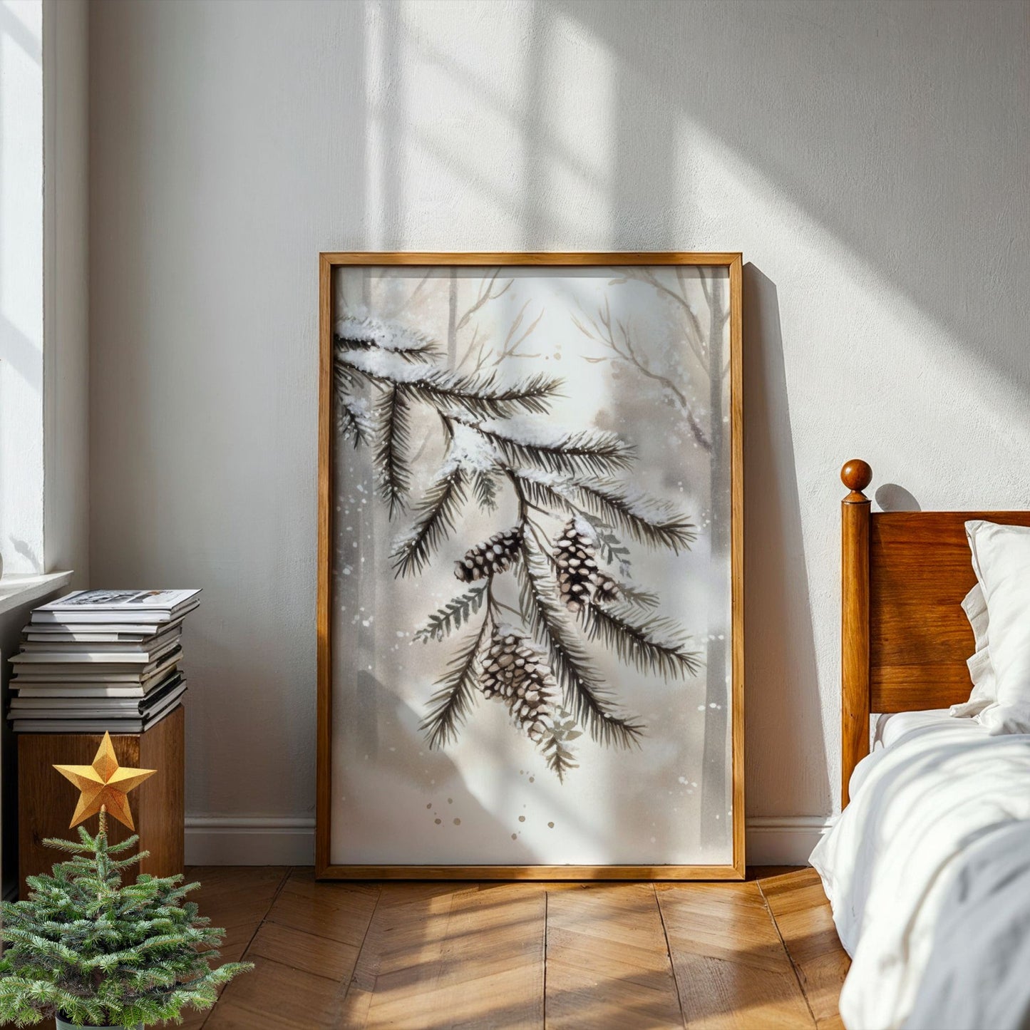 Snødekte granbar med kongler i mykt vinterlys mot lys bakgrunn. Illustrasjon viser plakat uten hvit kantlinje i eik ramme.