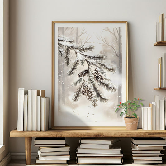 Snødekte granbar med kongler i mykt vinterlys mot lys bakgrunn. Illustrasjon viser plakat med hvit kantlinje i eik ramme.