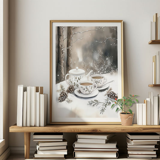 Tekanne og to kopper med varm te plassert på snøen blant kongler og vintergrener i skoglandskap. Illustrasjon viser plakat med hvit kantlinje i eikr ramme.