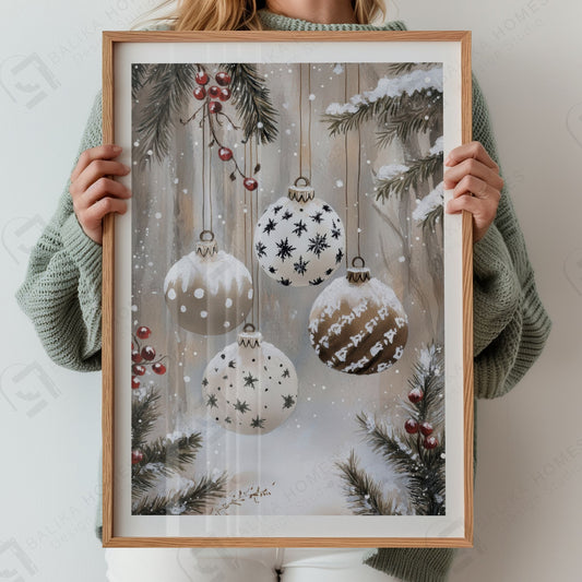 Nære julekuler i hvitt og beige med stjernemønster, hengende i granbar med røde bær på snødekt bakgrunn. Illustrasjon viser plakat med hvit kantllinje.