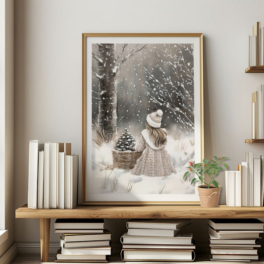 Liten jente med lue og kjole står ved en kurv med kongler i et snødekt skoglandskap. Illustrasjon viser plakat med hvit kantlinje i eik ramme.