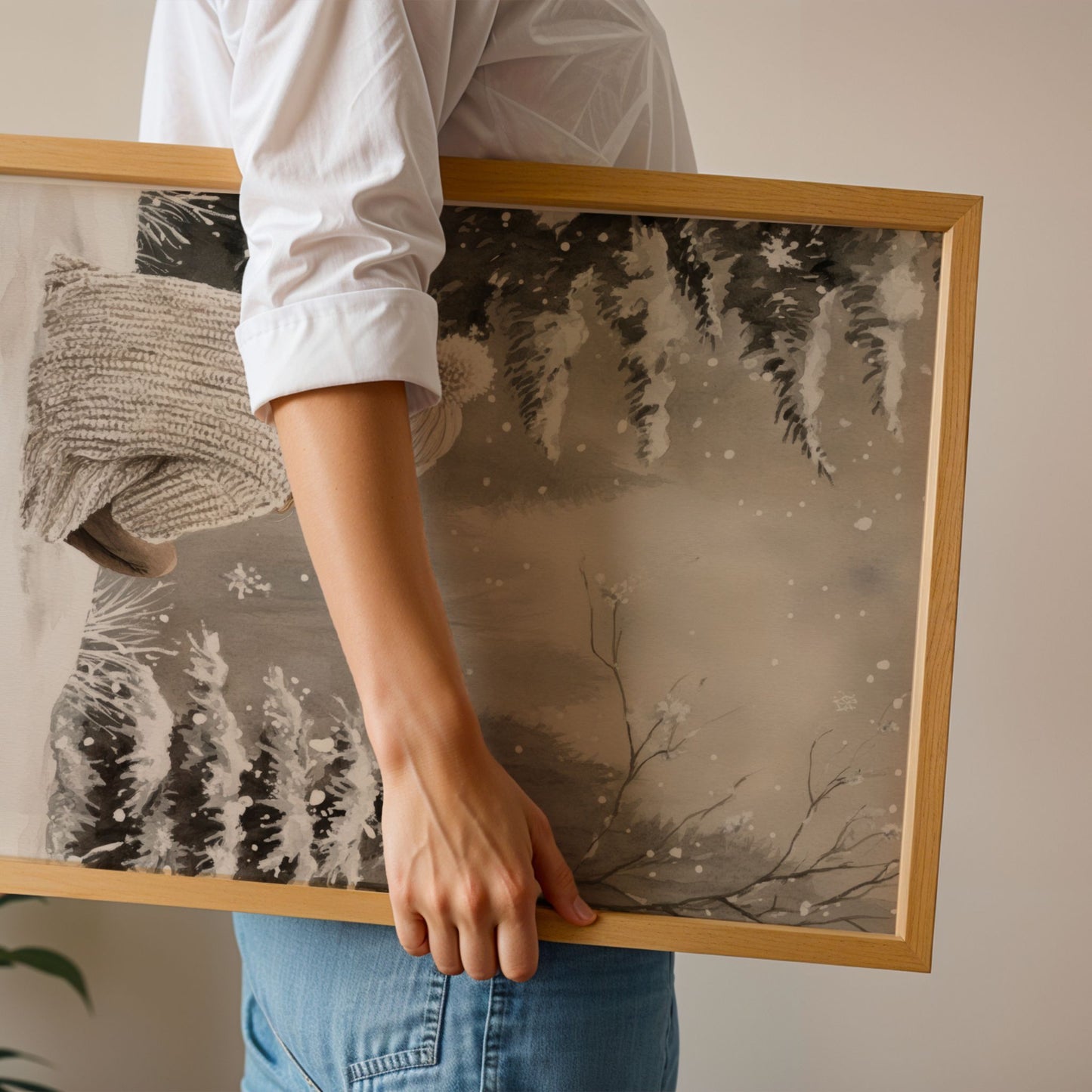 Jente med strikkegenser og lue sitter på snødekt mark og ser ut over vinterhagen. illustrasjon viser plakat uten hvit kantlinje i eik ramme.