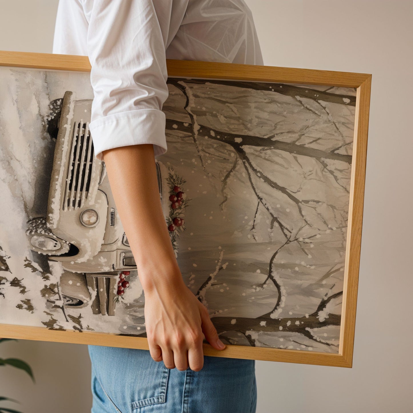 Gammel lastebil pyntet med granbar og røde bær kjører gjennom en snødekt skog med vinterstemning. Illustrasjon viser plakat uten hvit kantlinje