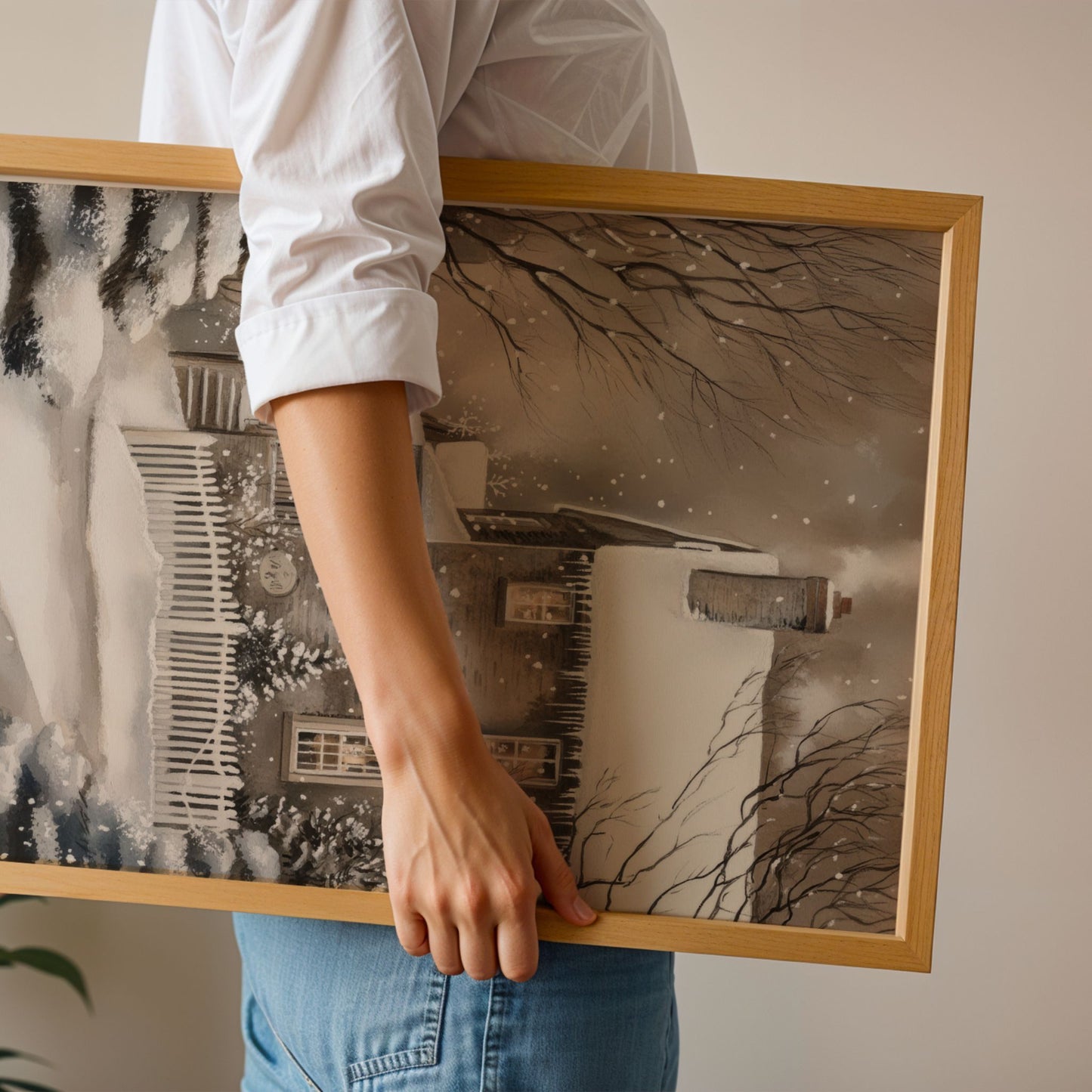 Steinhus med snødekt tak og varme lys i vinduene omgitt av trær, hvitt gjerde og snøfall. Illustrasjon viser plakat uten hvit kantlinje i eik ramme.