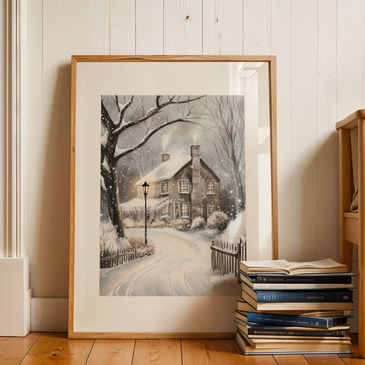 Hus med varme lys i vinduene og røyk fra pipen ved enden av snødekt vei omgitt av vintertrær. Illustrasjon viser plakat med passepartout i eik ramme.