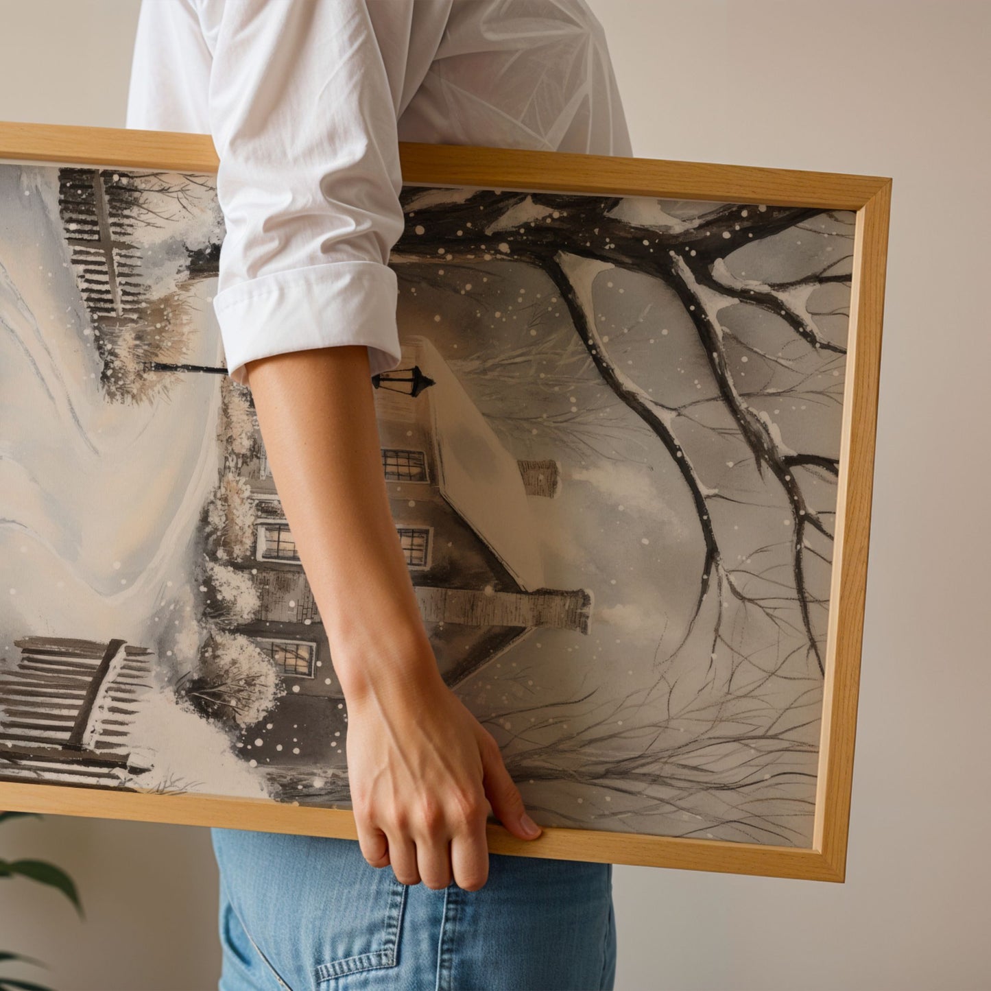 Hus med varme lys i vinduene og røyk fra pipen ved enden av snødekt vei omgitt av vintertrær. Illustrasjon viser plakat uten hvit kantlinje i eik ramme.