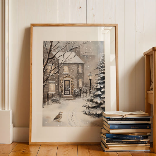 Steinhus med lysende vinduer og inngang pyntet med granbar, liten fugl står i snøen foran huset. Illustrasjon viser plakat med passepartout i eik ramme.