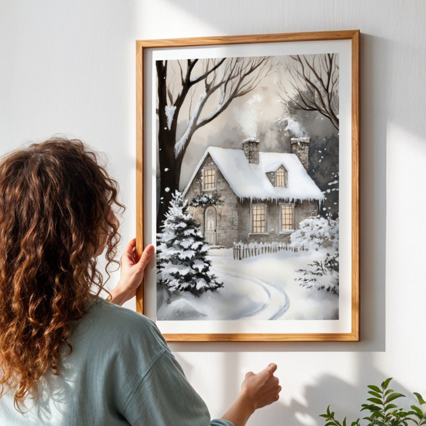 Steinhytte med snø på taket og snødekt sti som leder til inngangen, omgitt av trær og snø. Illustrasjon viser plakat med hvit kantlinje i eik ramme.