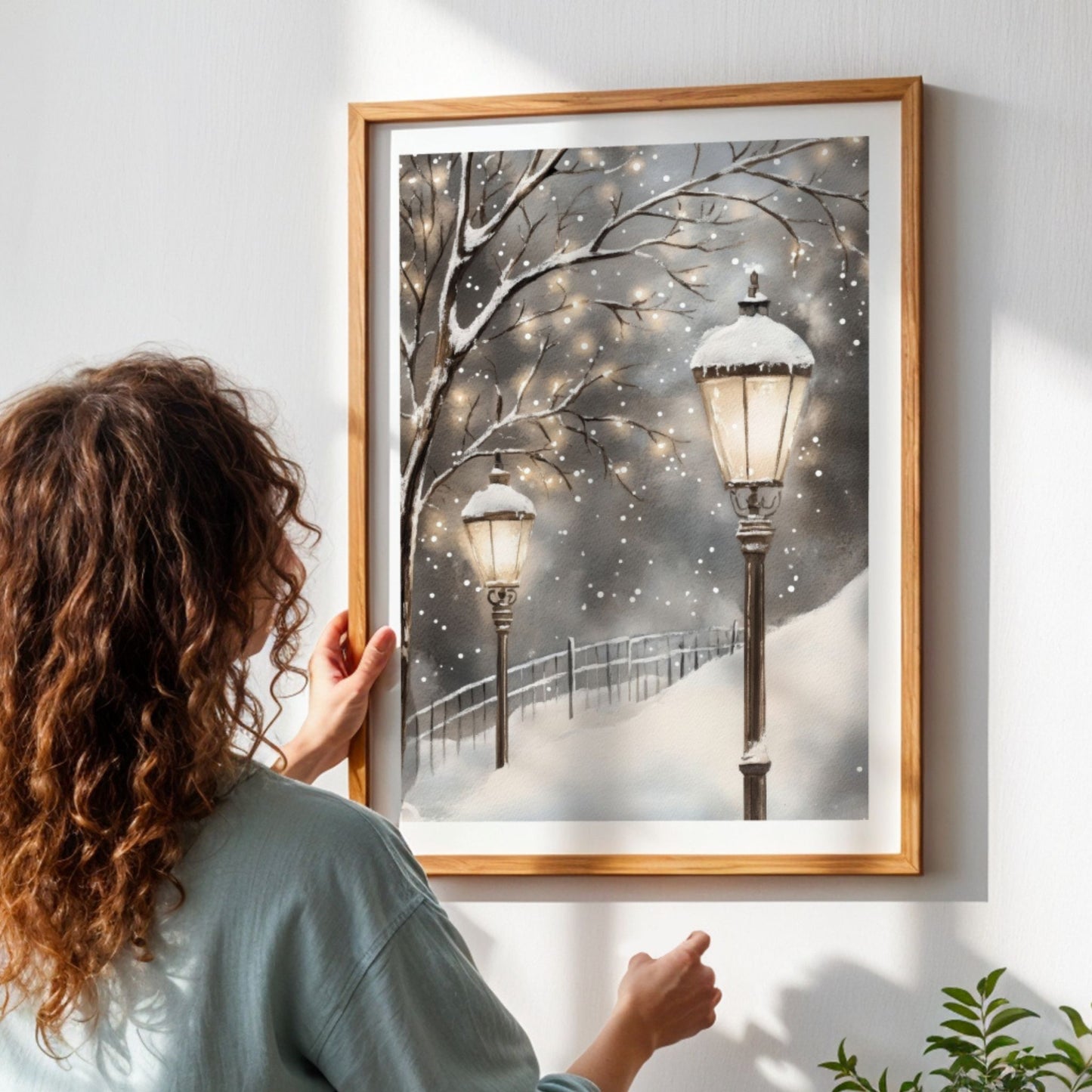 Gatebelysning på en snødekt vei, med lysene som lyser opp vinterkvelden. Illustrasjon viser plakat med hvit kantlinje i eik ramme.