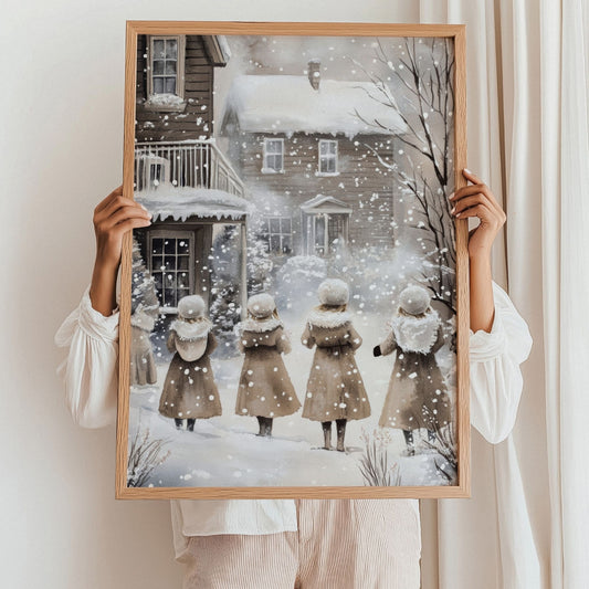 Tre barn med vinterklær går langs en snødekt vei, omgitt av trær og snø. Illustrasjon viserplakat uten hvit kantlinje i eik ramme.