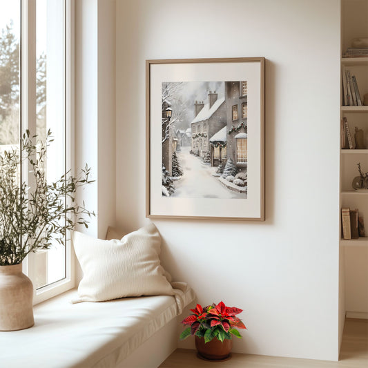 Snødekt gate med julepyntede hus og trær langs veien, som leder inn i et vinterlandskap. Illustrasjon viser plakat med passepartout i eik ramme.