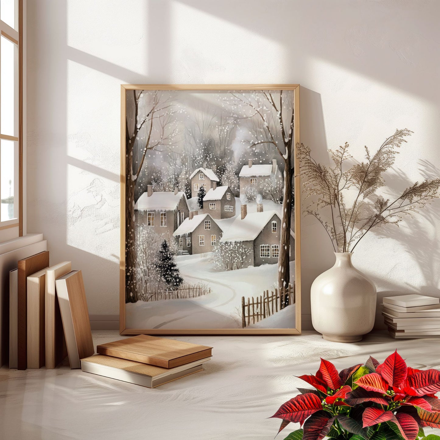 Snødekt gate med julepyntede hus og trær langs veien, omgitt av snø og vinterlys. Illustrasjon viser plakat uten hvit kantlinje i eik ramme.