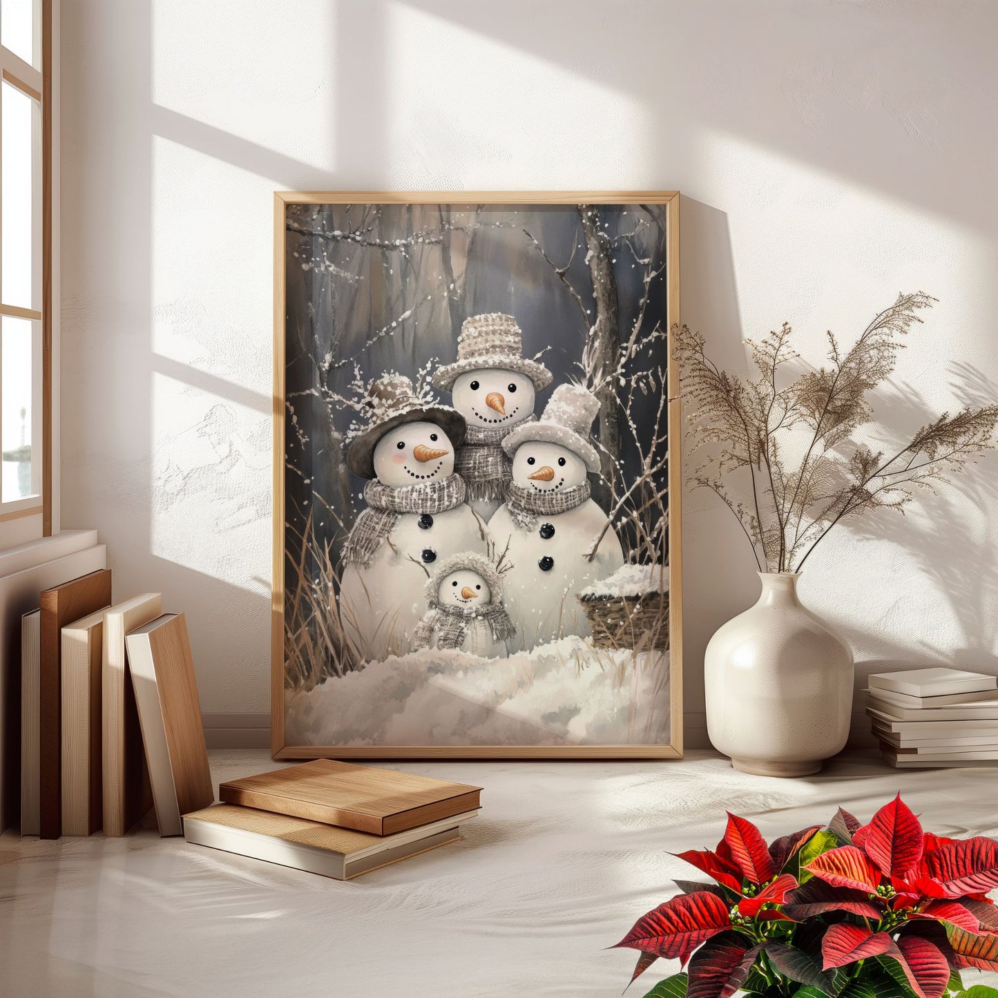 Gruppe snømenn, alle med skjerf og hatter, står sammen i snøen. Illustrasjon viser plakat uten hvit kantlinje i eik ramme.