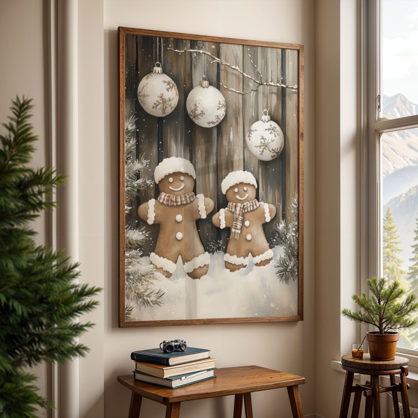 Pepperkakejente og pepperkakegutt i snø foran trepanel, med tre lyse julekuler hengende over. Illustrasjon viser plakat uten hvit kantlinje i eik ramme.