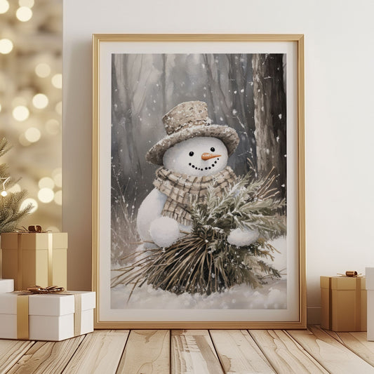 Snømann med vintergrener står i et snødekt landskap, omgitt av snø og trær. Illustrasjon viser plakat med hvit kantlinje i eik ramme.