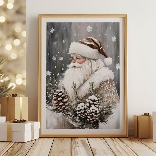 Nisse med hvitt skjegg og rød lue holder granbar og kongler i snødekt landskap med snøfnugg i luften. Illustrasjon viser plakat med hvit kantlinje i eik ramme.