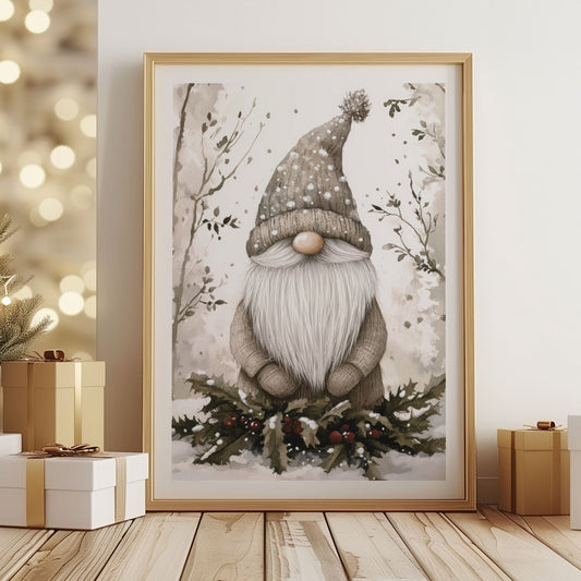 Nisse med stor grå lue og langt skjegg står i snøen, omgitt av vintertrær. Illustrasjon viser plakat med hvit kantlinje i eik ramme.