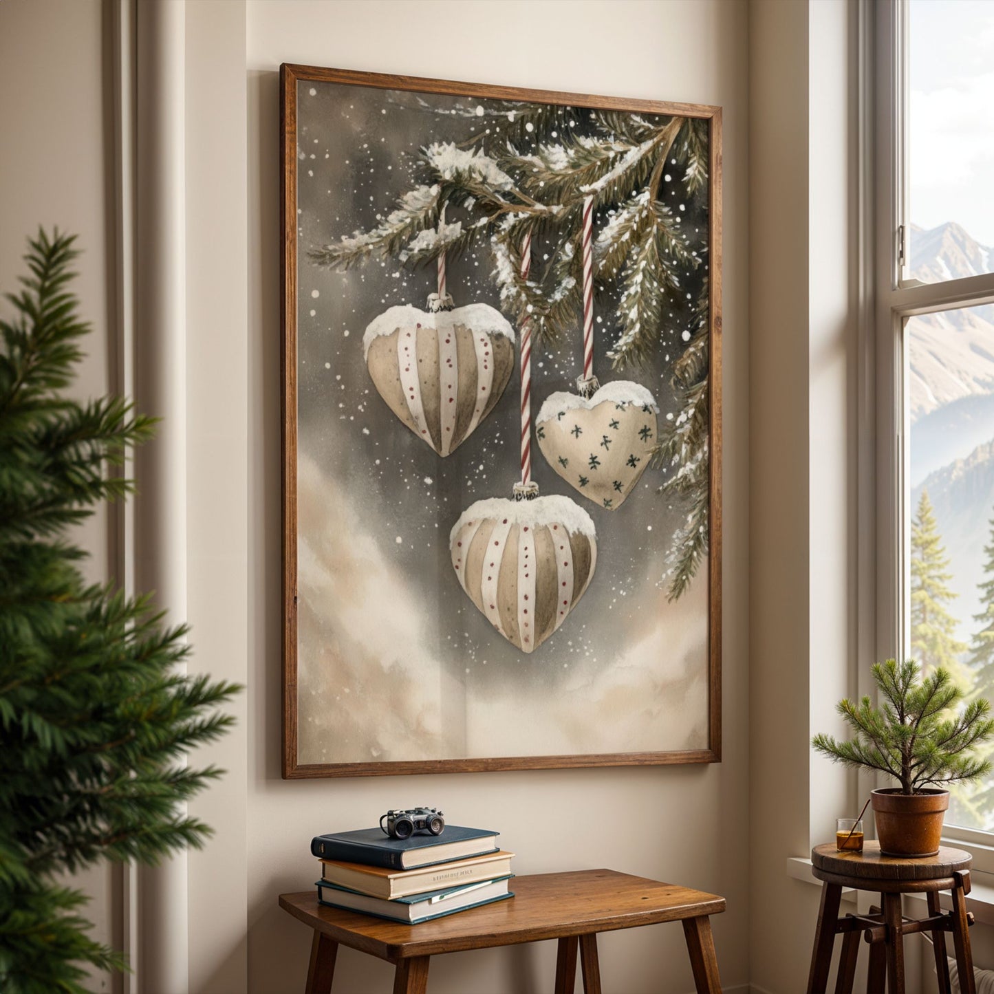 To lyse tekstilhjerter med mønster henger fra snødekt granbar, lett snødryss i bakgrunnen. Illustrasjonen viser plakat uten hvit kantlinje i eik ramme.