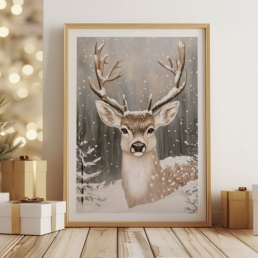 Reinsdyr med snø på hornene står i et vinterlandskap med trær og snø. Illustrasjon viser plakat med hvit kantlinje i eik ramme.