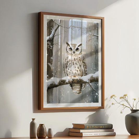 Ugle sitter på en gren i et vinterlandskap, omgitt av snø og trær. Illustrasjon viser plakat med hvit kantlinje i eik ramme.