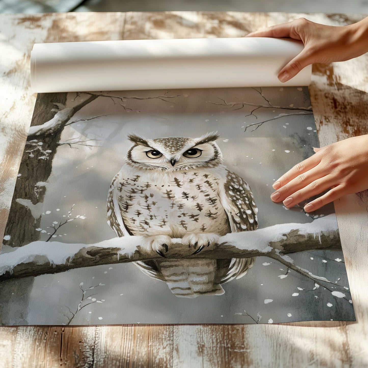 Ugle sitter på en gren i et vinterlandskap, omgitt av snø og trær. Illustrasjon viser plakat uten hvit kantlinje på print.