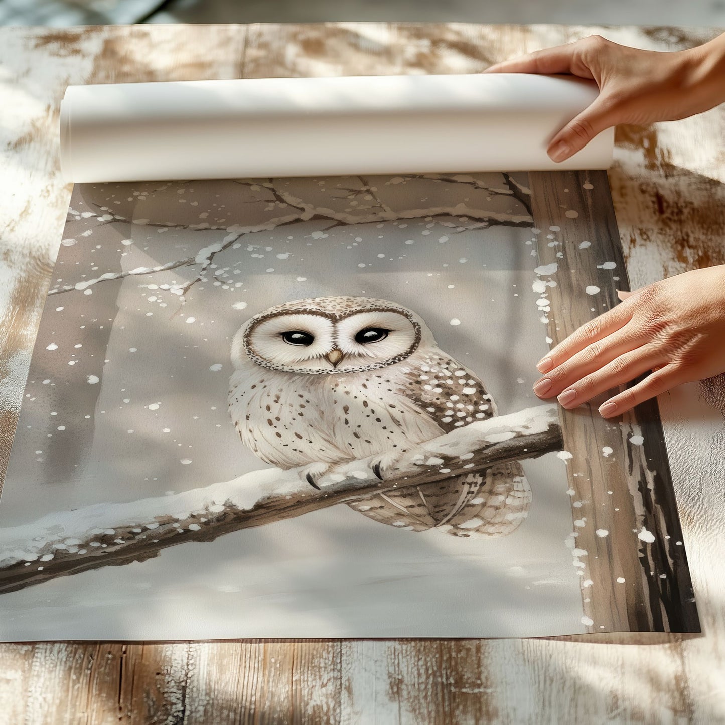 Ugle på gren i et vinterlandskap, med tåkete bakgrunn og snø på trærne. llustrasjon viser plakat uten hvit kantlinje på print.