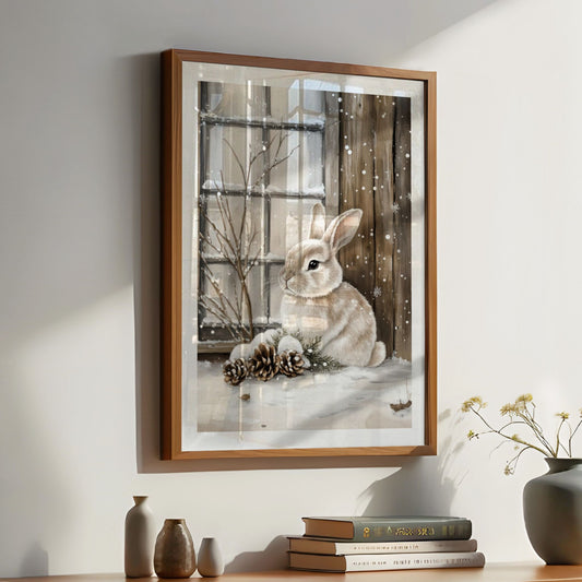 Kanin sitter i snøen blant kongler og grener, omgitt av snødekte trær. Illustrasjon viser plakat med hvit kantlinje i eik ramme.