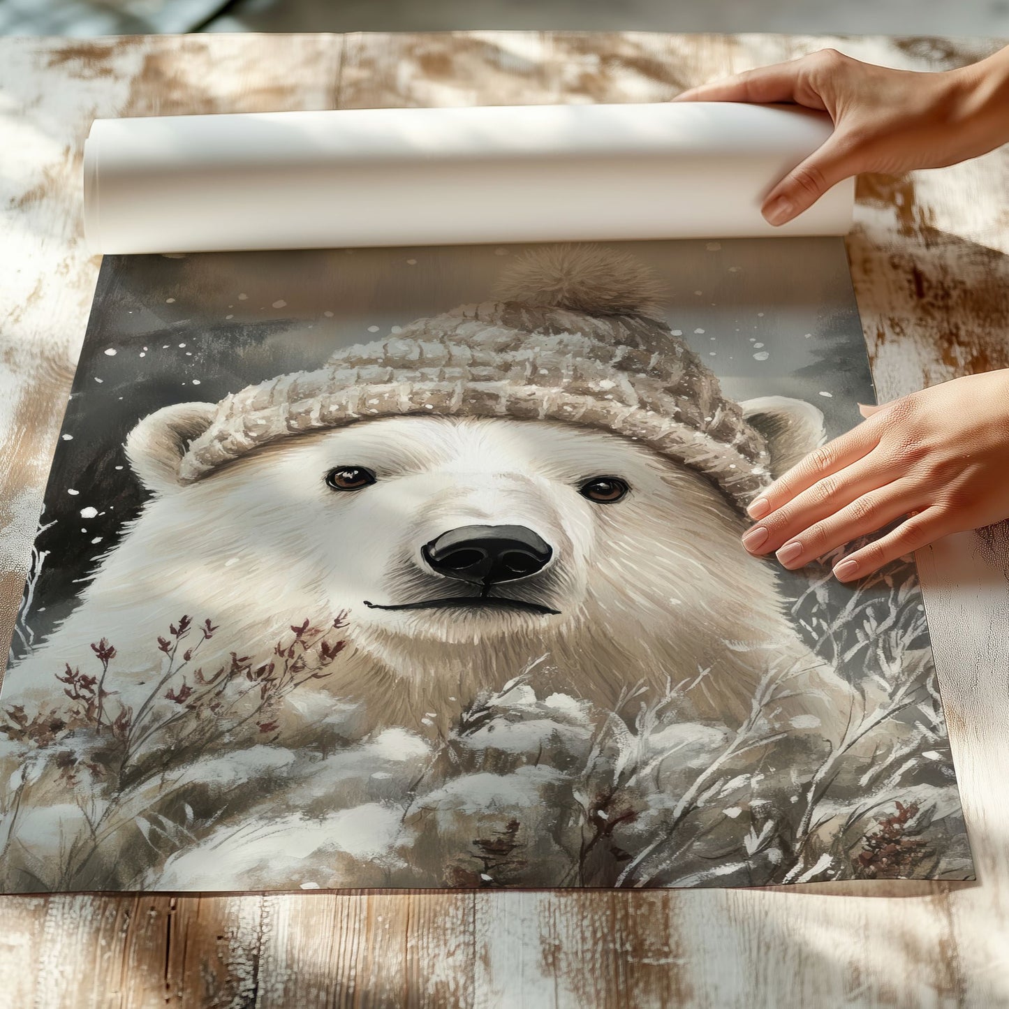 Polarbjørn med lue står i snødekt landskap, omgitt av trær og snø. Illustrasjon viser plakat uten hvit kantlinje på print.