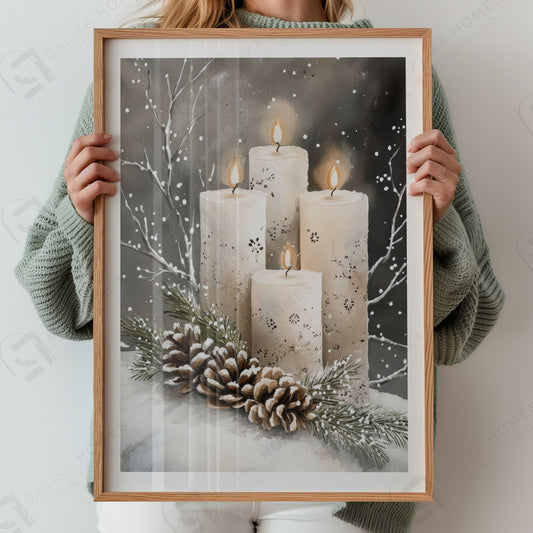 Tre tente kubbelys med snøfnuggmønster, kongler og vintergrener på lys, snødekt bakke. Illustrasjon viser plakat med hvit kantlinje i eik ramme.