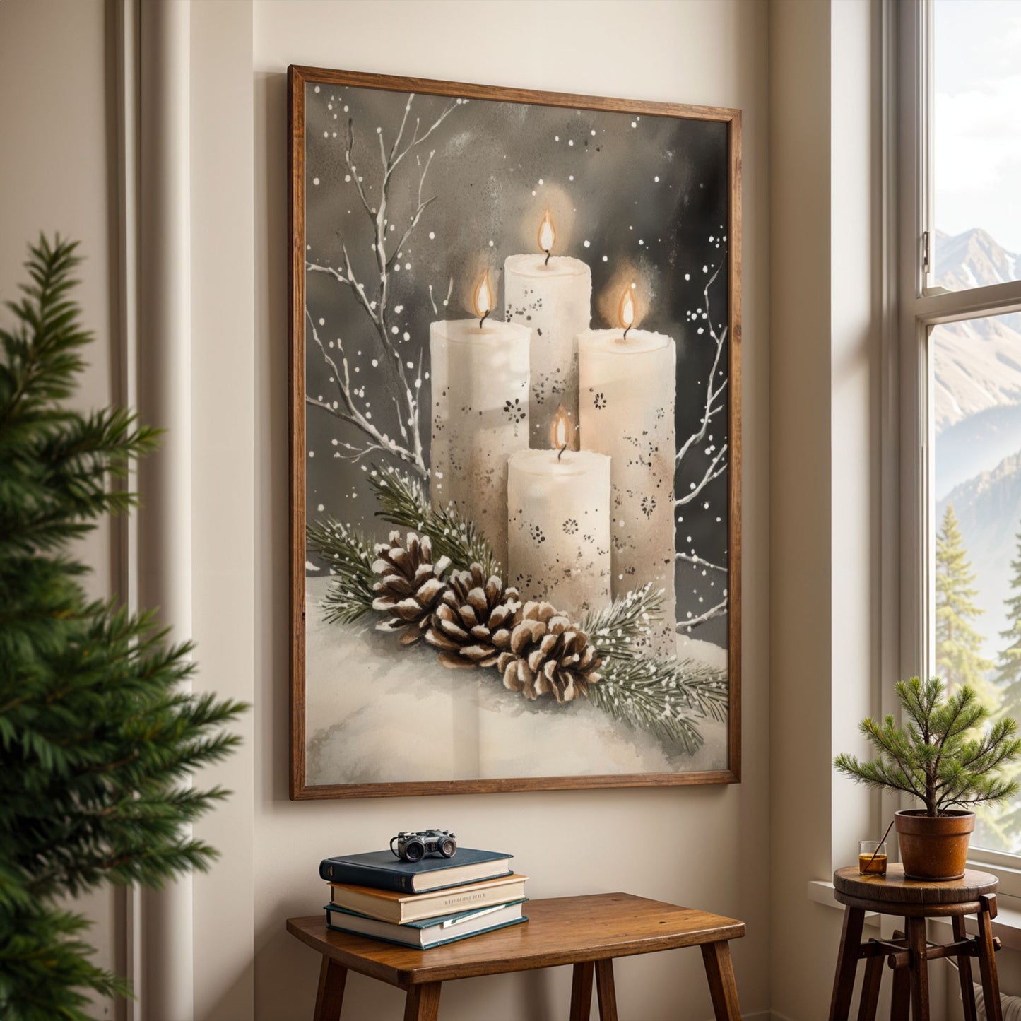 Tre tente kubbelys med snøfnuggmønster, kongler og vintergrener på lys, snødekt bakke. Illustrasjon viser plakat uten hvit kantlinje i eik ramme.