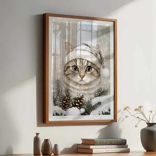 Katt med vinterlue står i snøen, omgitt av granbar og snødekte trær. Illustrasjon viser plakat med hvit kantlinje i eik ramme.