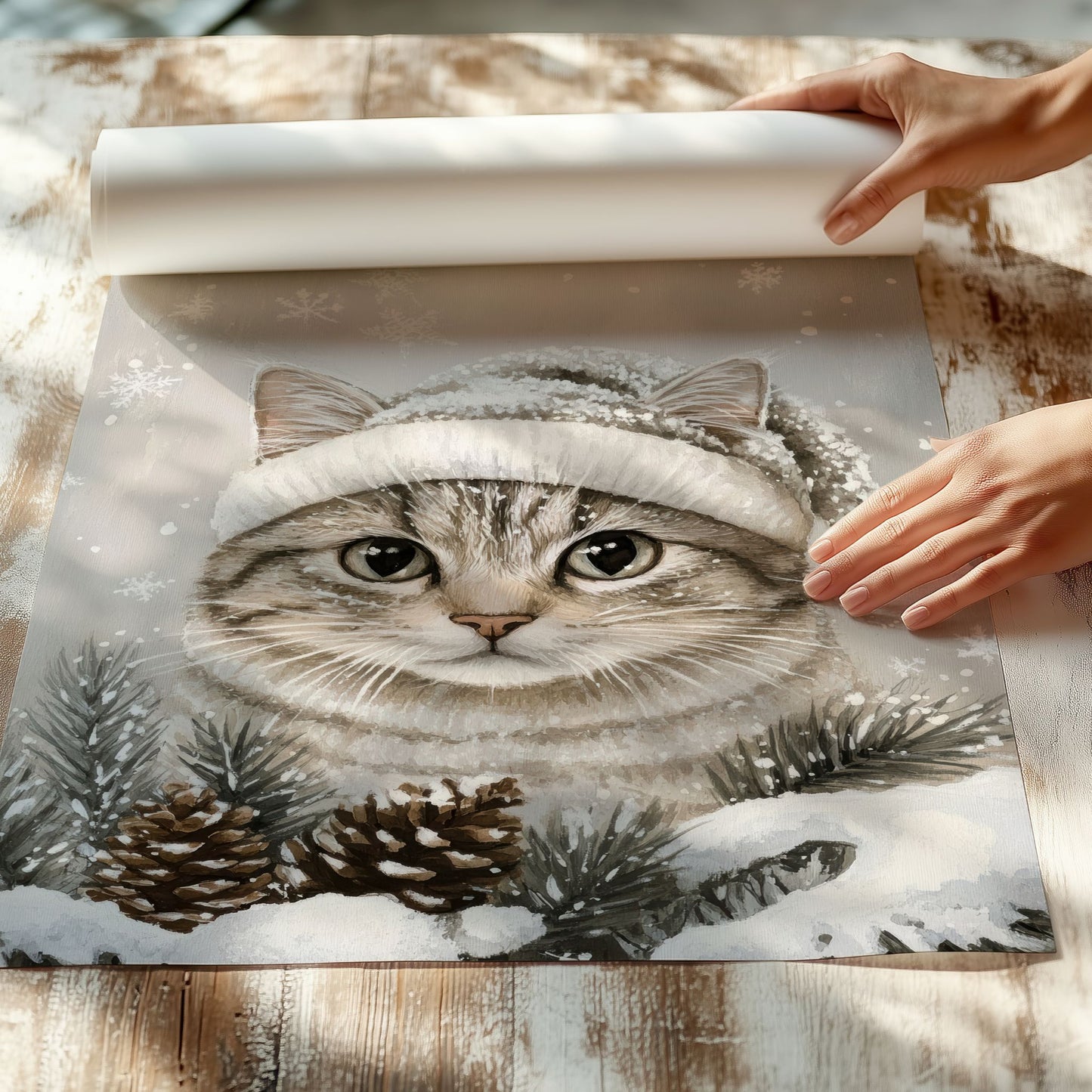 Katt med vinterlue står i snøen, omgitt av granbar og snødekte trær. Illustrasjon viser plakat uten hvit kantlinje på print.