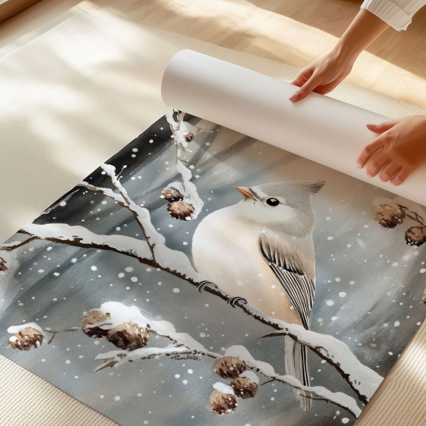 Liten fugl sitter på en gren dekket av snø, omgitt av trær og vinterstemning. Illustrasjon viser plakat uten hvit kantlinje på print.