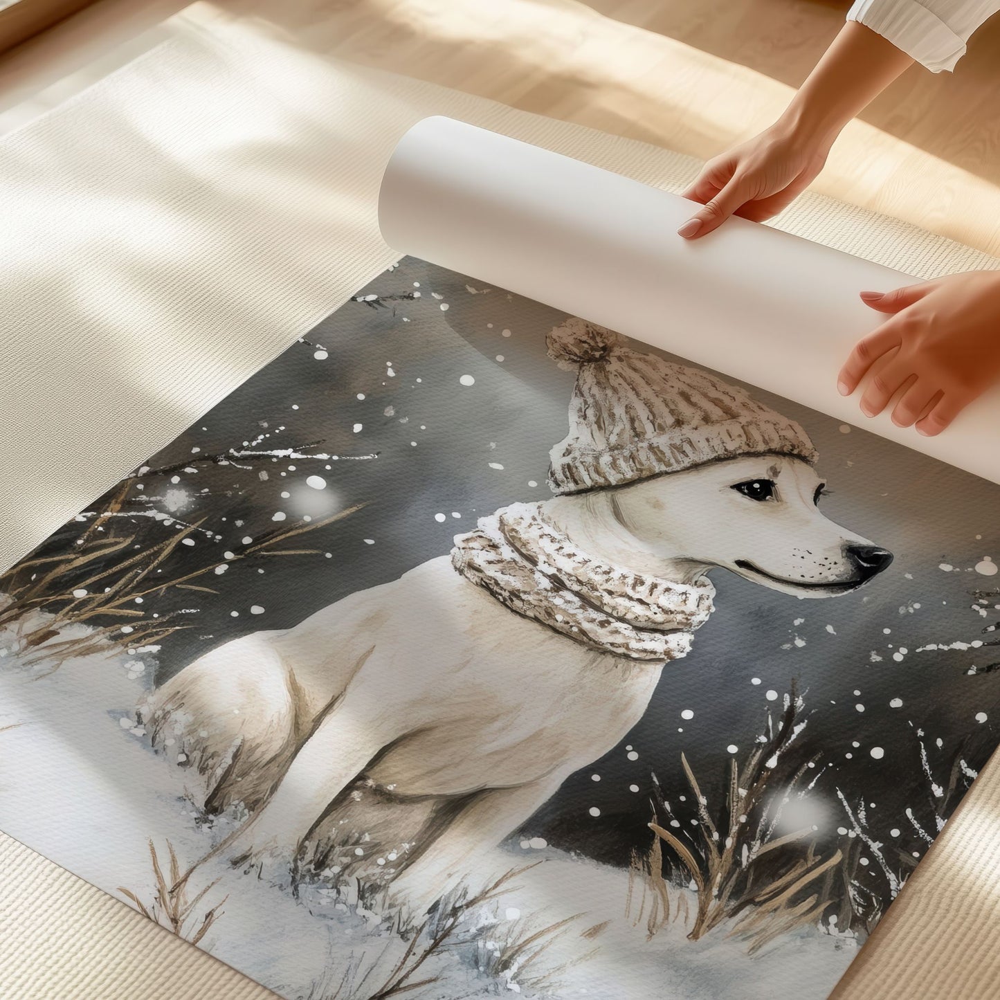 Hund i vinterlue sitter i snøen, omgitt av trær og vintergrener. Illustrasjon viser plakat uten hvit kantlinje på print.