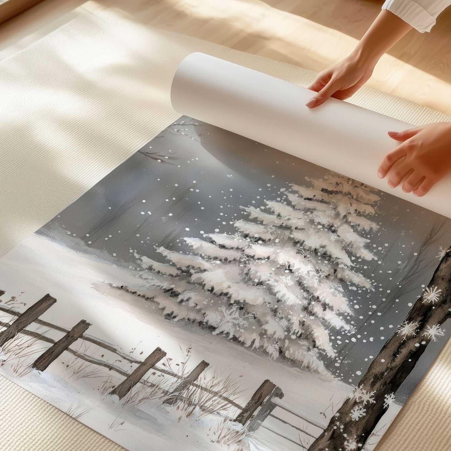 Vintervei med gjerde og et enslig tre, omgitt av snø og vinterlandskap. Illustrasjon viser plakat uten hvit kantlinje på print.