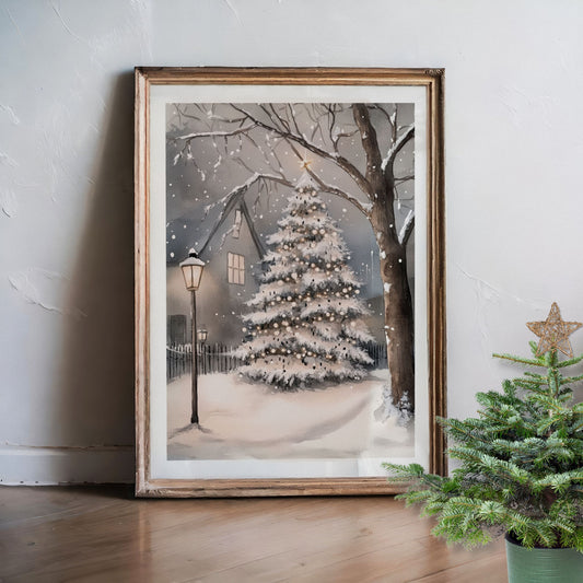 Julebelysning lyser opp trær og hus i et snødekt vinterlandskap. Illustrasjon viser plakat med hvit kantlinje i eik ramme.