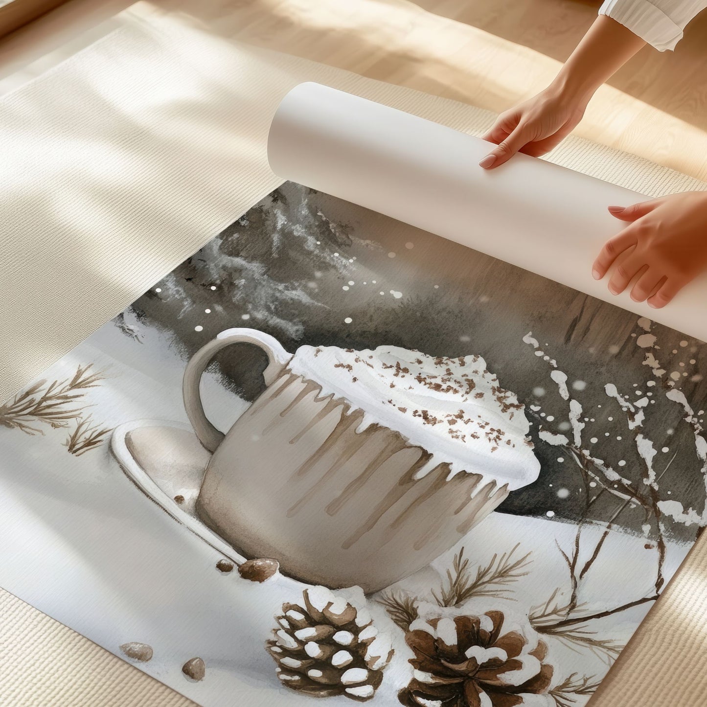 Kopp med varm drikke og kongler på bord i et vinterlandskap med snø. Illustrasjon viser plakat uten hvit kantlinje på print.