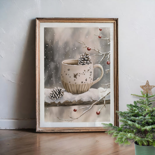 Kopp med krydderte og snø på kanten, omgitt av vintergrener og bær. Illustrasjon viser plakat med hvit kantlinje i eik ramme.