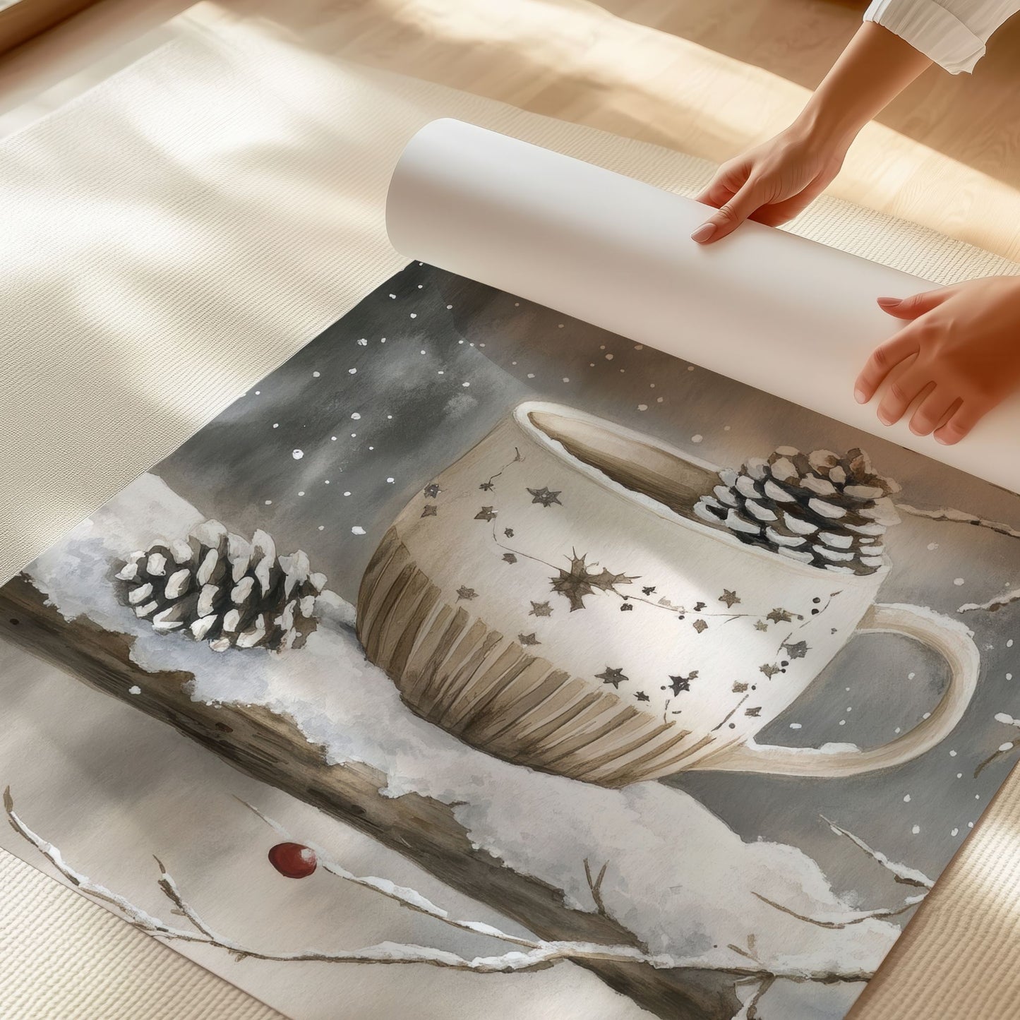 Kopp med krydderte og snø på kanten, omgitt av vintergrener og bær. Illustrasjon viser plakat uten hvit kantlinje på print.