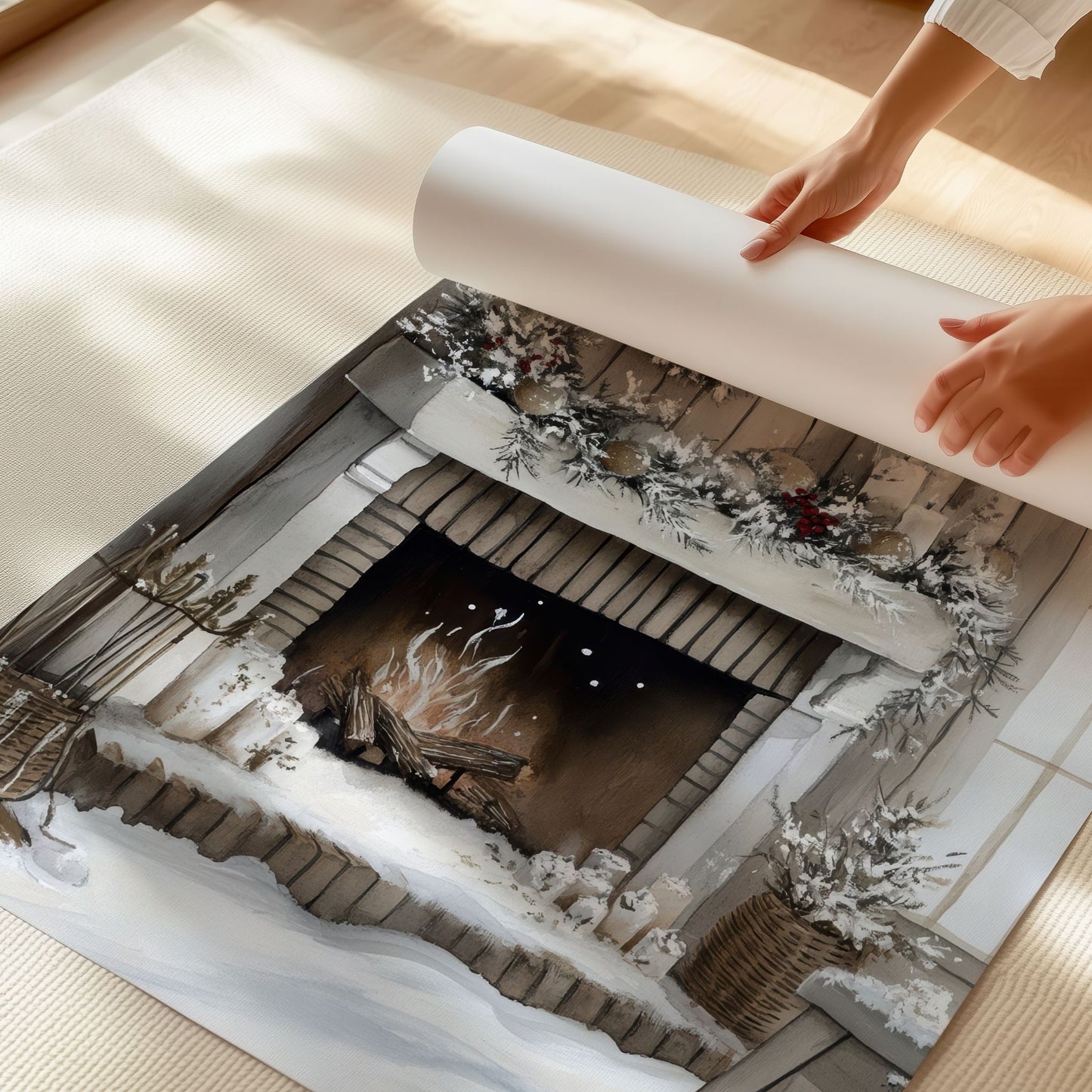 Peis med julekrans og flammer som lyser opp rommet i et vinterlandskap. Illustrasjon viser plakat uten hvit kantlinje på print.