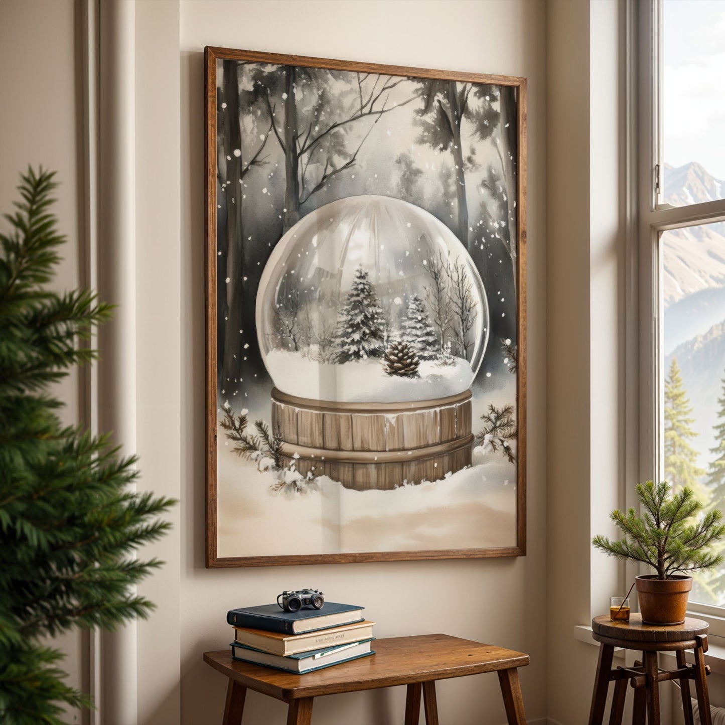 Snøkule på trebase med to små grantrær og snø, plassert i en rolig, snødekt skog. Illustrasjon viser plakat med uten kantlinje eik ramme.