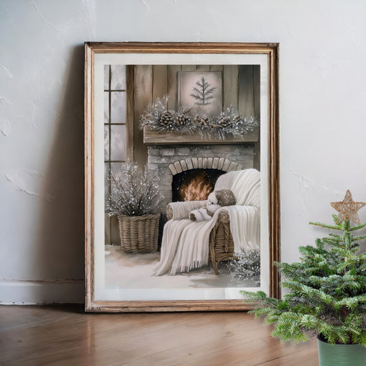 Vinterhjørne med peis, brensel og strikket ullpledd i et koselig rom. Illustrasjon viser plakat med hvit kantlinje i eik ramme.