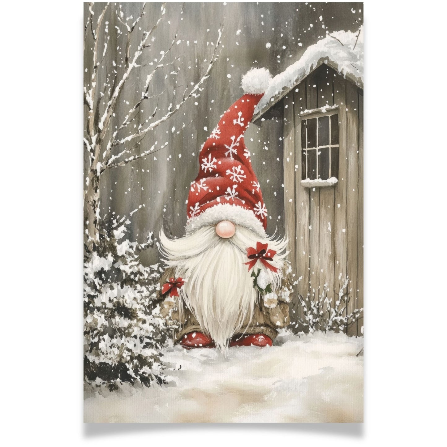 Julekort med nisse i rød lue fra Cozy Winter Story – koselig vintermotiv med nostalgisk preg. Med personlig hilsen.