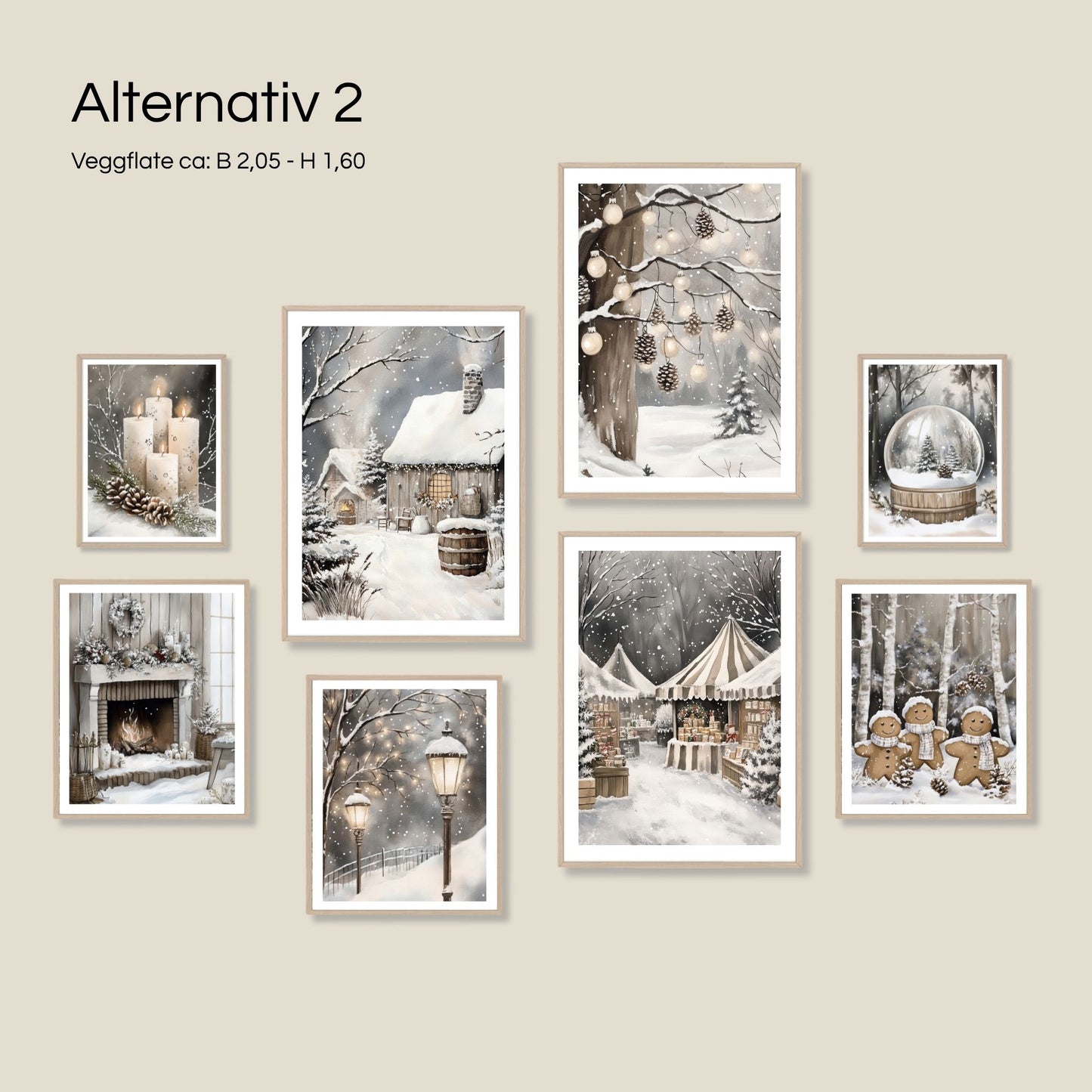 Forslag til gallerivegg med 8 vinterplakater fra Cozy Winter Story Collection. Viser harmonisk oppsett med størrelsene 2 stk 30x40, 3 stk 40x50 og 3 stk 50x70 på en veggflate på ca. 2,05 x 1,60 meter.
