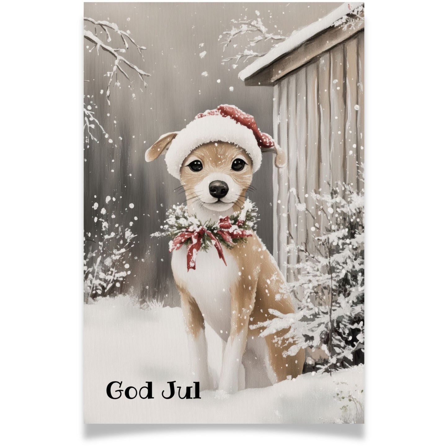 Julekort med hund i nisselue fra Cozy Winter Story – sjarmerende vintermotiv med røde detaljer.